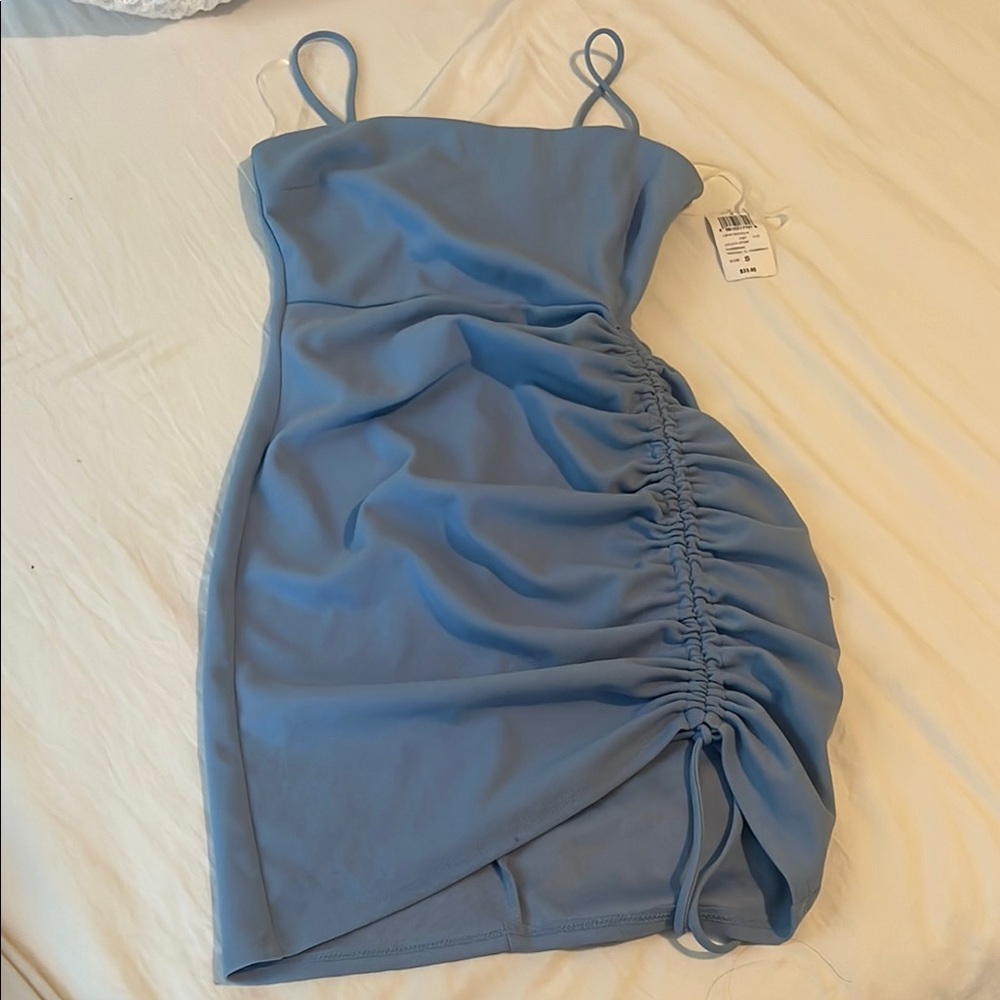 Windsor Blue Asymmetrical Ruched Mini Dress